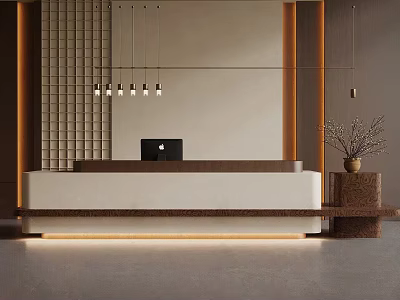 Modern Reception Desk With Marble Top Hanging Lights And Green Plant 3d model