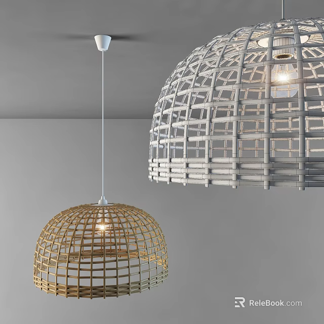 Woven Rattan Dome Pendant Lights in Gray and Gold with Illuminated Design 3d model 