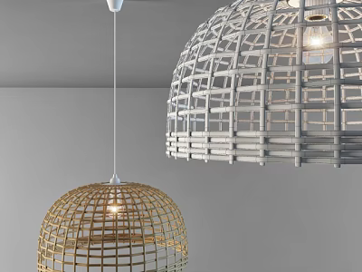 Woven Rattan Dome Pendant Lights in Gray and Gold with Illuminated Design 3d model