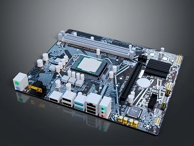 Detailed computer motherboard featuring CPU socket capacitors heat sink and multiple ports 3d model
