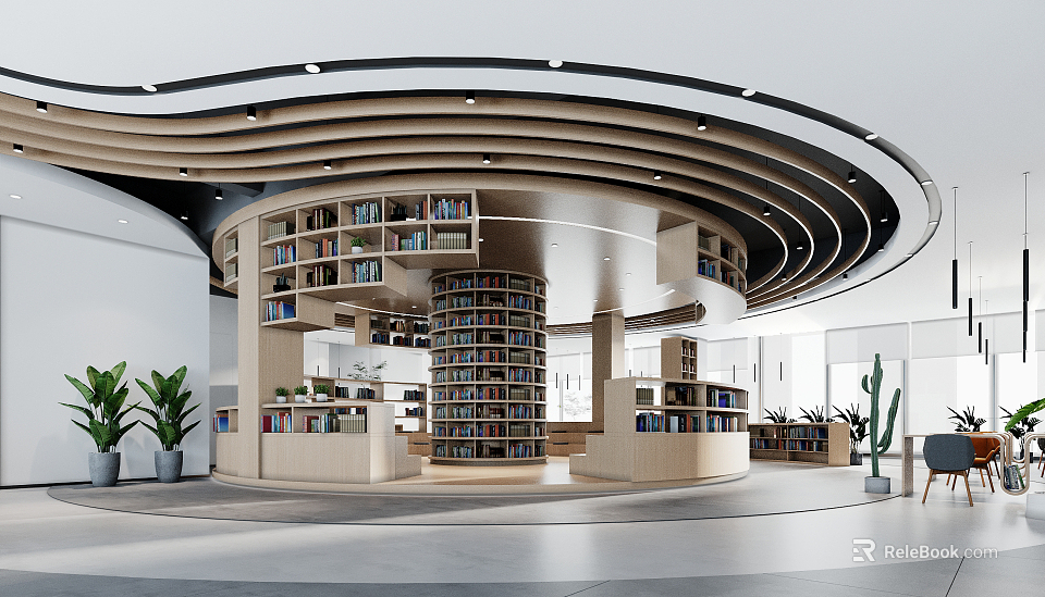 Modern Library Interior With Curved Bookshelves And Wooden Elements 3d model 