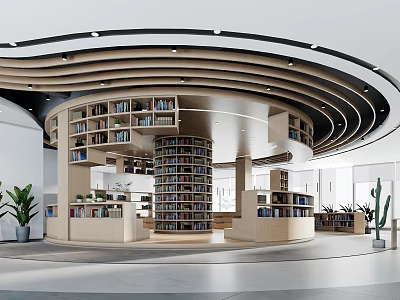 Modern Library Interior With Curved Bookshelves And Wooden Elements 3d model