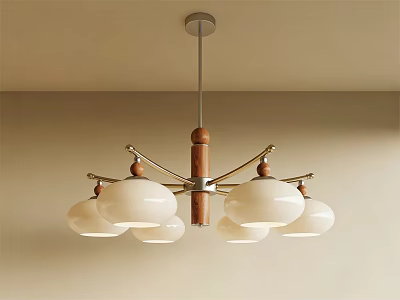 Elegant Modern Chandelier with White Shades Wooden Center and Metal Arms 3d model