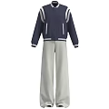 Casual Navy Blue Jacket with White Stripes on Sleeves and Light Gray Wide Leg Pants