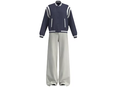 Casual Navy Blue Jacket with White Stripes on Sleeves and Light Gray Wide Leg Pants 3d model