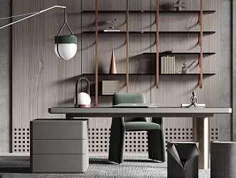 Modern Desk Chair Desk Bookshelf Floor Lamp Plant 3d model