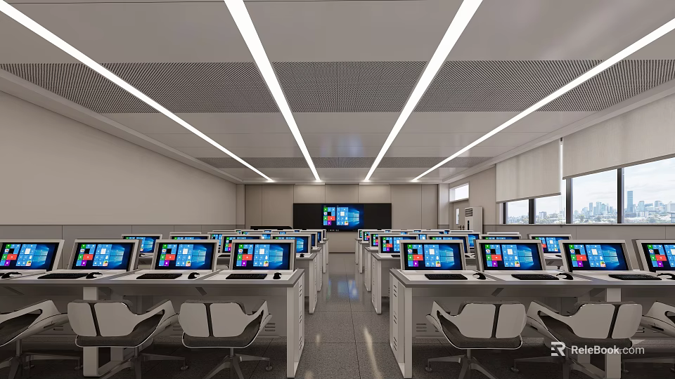 School Modern Computer Classroom With Rows Of Desks Computers Big Screen Windows And Good Lighting 3d model 