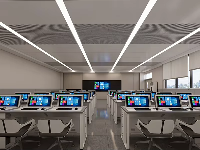 School Modern Computer Classroom With Rows Of Desks Computers Big Screen Windows And Good Lighting 3d model