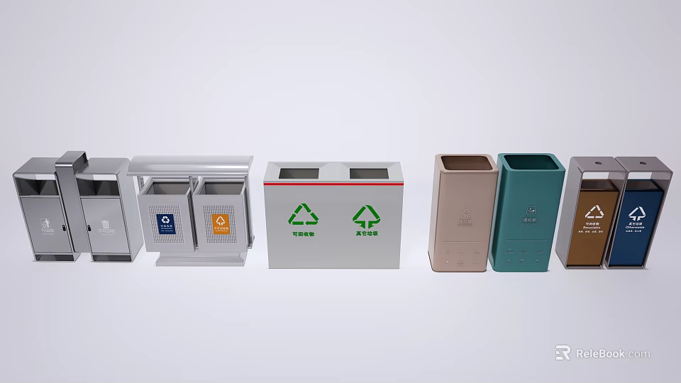 Public Trash Bins For Waste Sorting With Different Colors And Recycling Signs 3d model 