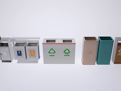 Public Trash Bins For Waste Sorting With Different Colors And Recycling Signs 3d model