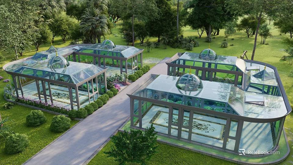 Glass Greenhouses with Dome Roofs in Lush Garden Landscape Surrounded by Trees and Pathways 3d model 