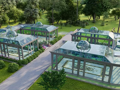 Glass Greenhouses with Dome Roofs in Lush Garden Landscape Surrounded by Trees and Pathways 3d model