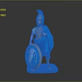 Ancient Warrior Statue With Blue Cloak Helmet And Decorative Shield On White Base