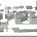 Diverse Architectural Facility Models Including Umbrellas Pavilions Doors Railings And Guard Booths