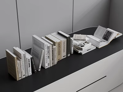 Books and Magazines Display on Black Countertop Neatly Arranged with Open and Stacked Books 3d model