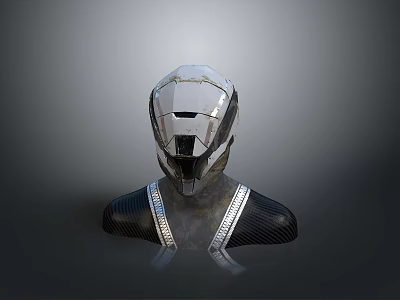Futuristic Silver Metallic Combat Helmet With Black Shoulder Armor Geometric Cut Surface And Silver Stripes 3d model