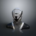 Futuristic Silver Metallic Combat Helmet With Black Shoulder Armor Geometric Cut Surface And Silver Stripes