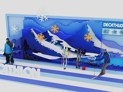 Decathlon Skiing Themed Photo Spot With Snowy Mountains Snowflakes And Ski Gear 3d model