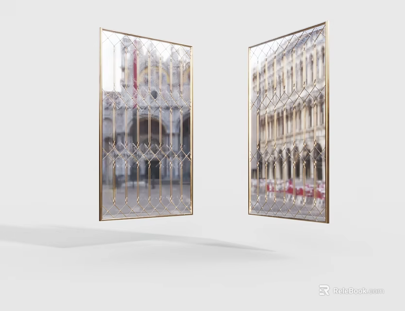 Two Golden Framed Mirrors Reflecting Classical European Architectural Scenery in Modern Space 3d model 