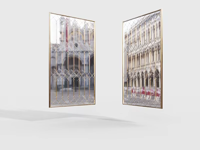 Two Golden Framed Mirrors Reflecting Classical European Architectural Scenery in Modern Space 3d model
