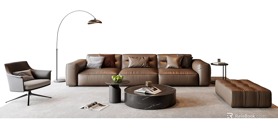Brown Leather Sofa And Marble Coffee Table Set With Cushions Floor Lamp And Side Table 3d model 