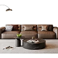 Brown Leather Sofa And Marble Coffee Table Set With Cushions Floor Lamp And Side Table