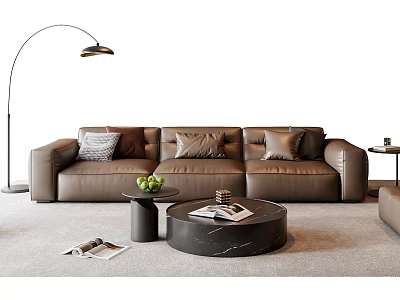 Brown Leather Sofa And Marble Coffee Table Set With Cushions Floor Lamp And Side Table 3d model