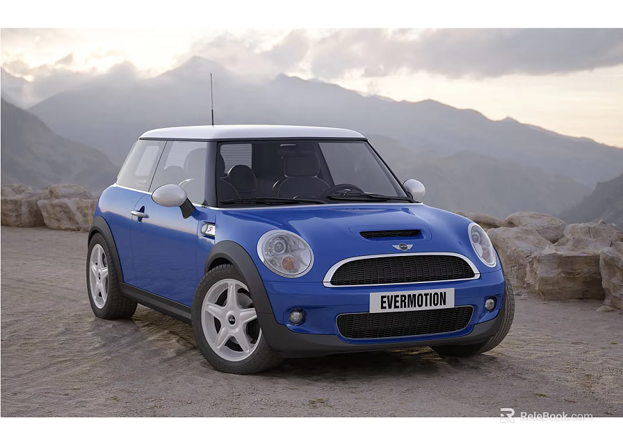 Blue Mini Cooper Two Door Car With White Roof And Silver Wheels In Mountain Landscape 3d model 