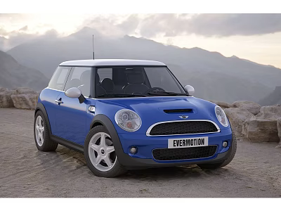 Blue Mini Cooper Two Door Car With White Roof And Silver Wheels In Mountain Landscape 3d model