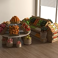 Wooden Shelves With Packaged Goods Fresh Fruits And Baskets Near Display Stand By Window