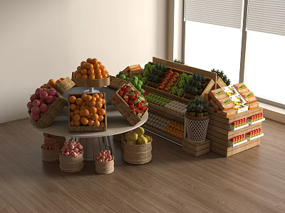 Wooden Shelves With Packaged Goods Fresh Fruits And Baskets Near Display Stand By Window 3d model