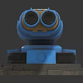 Blue Mechanical Turret with Dual Barrels Yellow Accents and Gray Base Structure