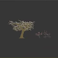 Large White Blossom Tree And Small Pink Flower Trees On Gray Background With Reflections