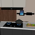 Modern Kitchen With Gas Stove Blue Flames Pot Tablet And Sliced Fruits