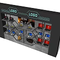 Modern Display Shelving Unit with Layers Displaying Electronics Red Blue Boxes Top LOGO and Poster