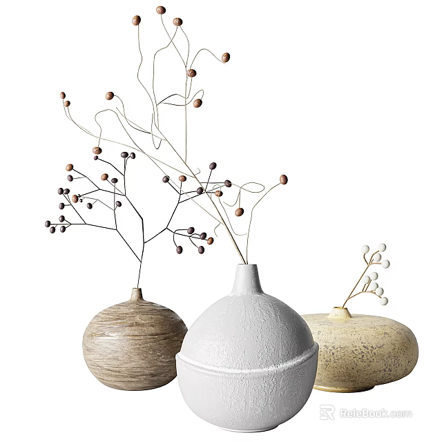 Decorative Ceramic and Wooden Vases with Flower Branches and Berries for Home Decor 3d model 