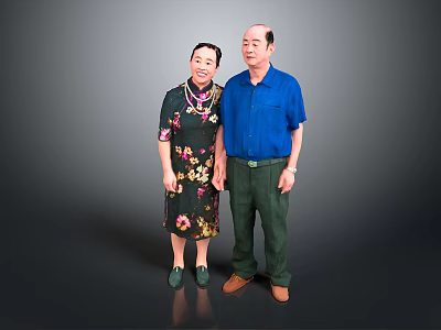 A Man In Blue Shirt Standing With Woman In Floral Dark Dress Against Gray Background 3d model