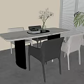 Modern Dining Table With Marble Top Gray Black Chairs Vase Flowers Tray And Green Plant