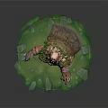 Elderly Bearded Game and Movie Character With Wooden Staff Grass Skirt on Green Crystal Platform
