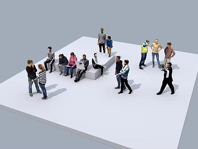 Group of People Standing and Sitting in Various Poses on White Platform 3d model