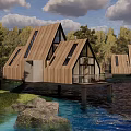 Scenic Wooden Cabins Over Lake Surrounded By Green Trees Blue Sky And White Clouds