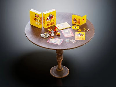 Round Wooden Table Displaying Yellow Boxes Cards CDs And Small Items 3d model