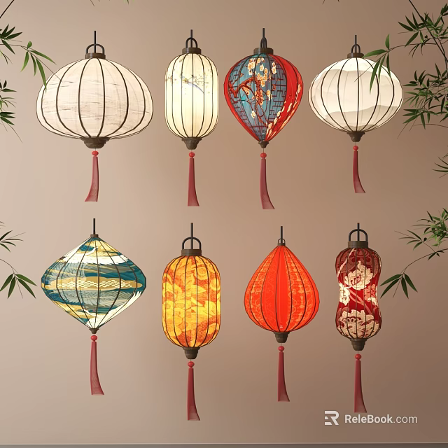 Traditional Chinese Lanterns With Various Colorful Patterns Shapes And Bamboo Leaves 3d model 