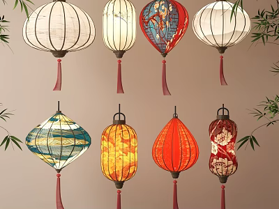 Traditional Chinese Lanterns With Various Colorful Patterns Shapes And Bamboo Leaves 3d model