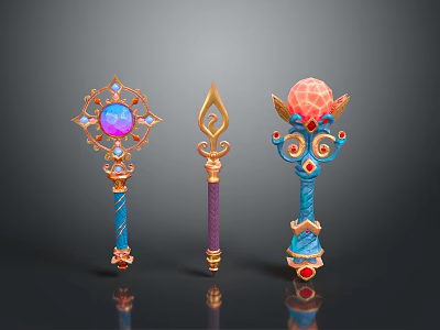 Three Ornate Magic Staffs With Colorful Gemstones And Intricate Decorative Tops 3d model