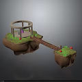 Floating Islands With Circular Pavilion Connected By Wooden Bridge Green Plants And Red Mushrooms
