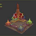 Traditional Thai Temple Model With Red Roofs And Golden Spires