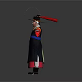 Traditional Asian Clothing Featuring Colorful Robes and Hats on Three Figures with Arms Outstretched