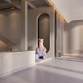 Modern Showroom Interior With Wooden Slat Walls Reception Counter Purple Sculpture And Orange Ceiling Lights