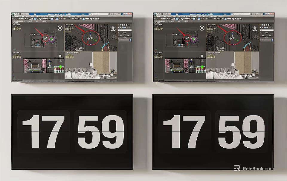 Modern Television Screens Displaying Multiple Content With Digital Time 17 59 3d model